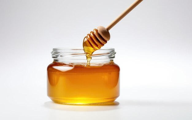 Honey Jar with Dipper on White Background