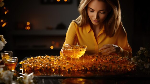 Honey in jar with honey bees yellow lightening woman looking