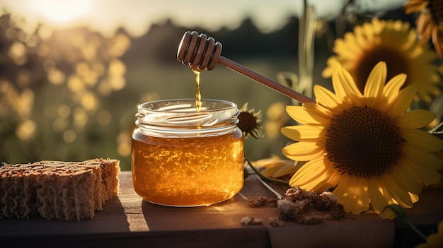 A honey jar with a honey dipper next to a sunflower