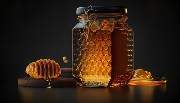 A honey jar with a honey dipper