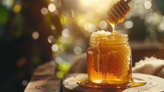 Honey in jar with honeycomb and wooden drizzler