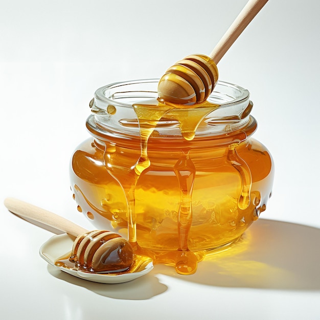 honey in a jar with a spoon and honey dipper Generative AI