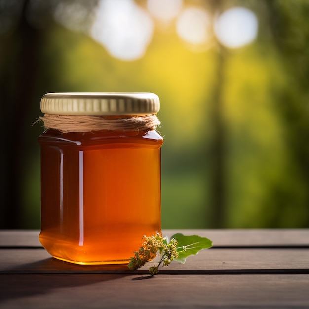 Photo honey on jar on wood table background illustration images ai generated