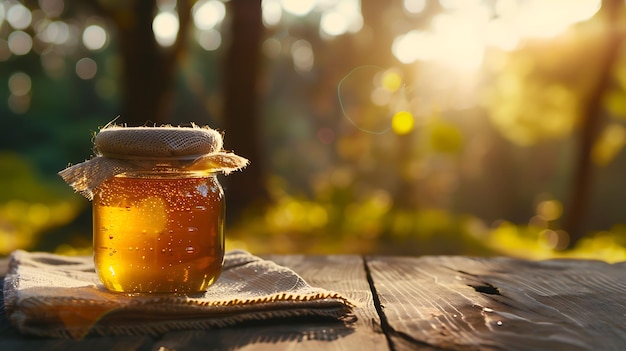 Photo honey in a jar on a wooden table in the garden