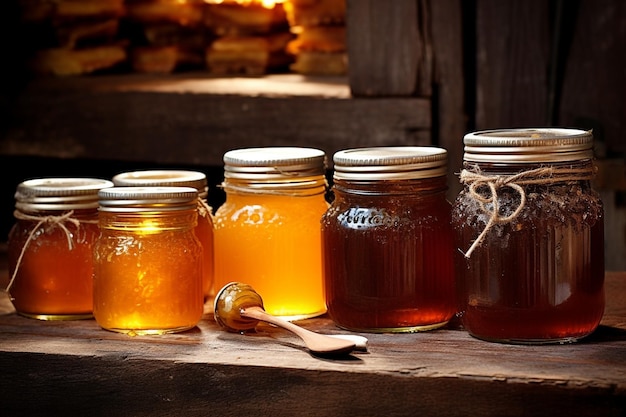 Photo honey jars arranged in a beeshaped display
