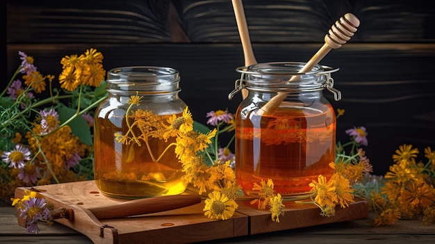 honey jars on wooden table with flowers generative ai