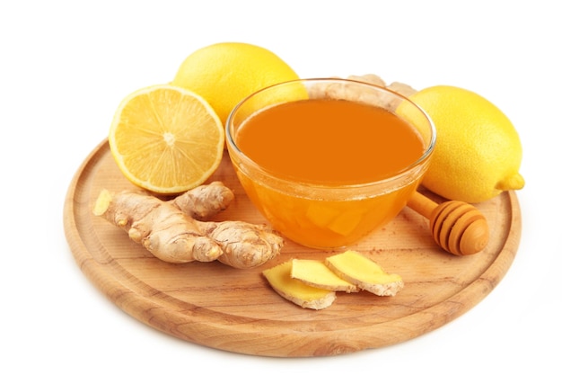 Honey, lemon and ginger isolated on white background. Top view