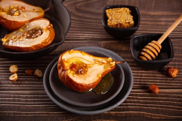 Honey or maple syrup roast pears with walnuts vegetarian diet\
health delicious dessert