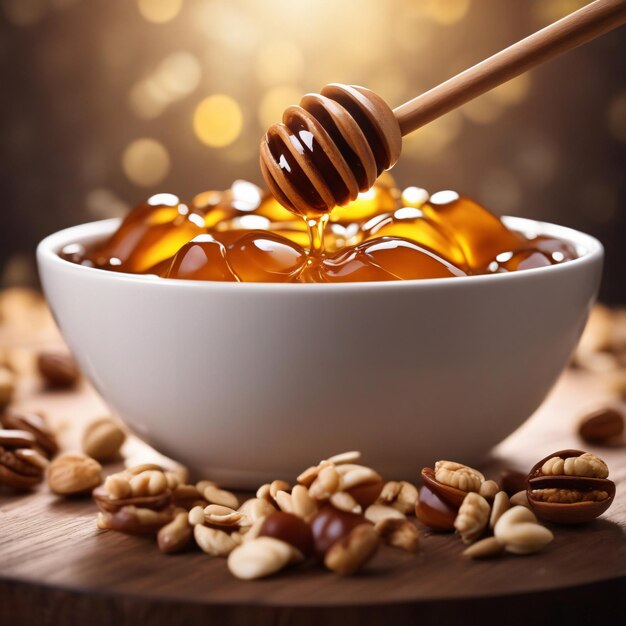 Honey Nuts bowl dried organic fruits assortment on a wooden surface