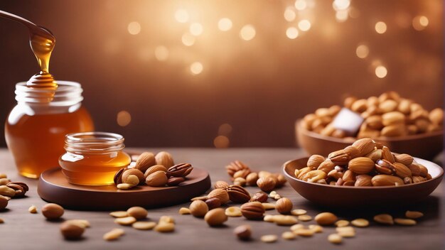 Honey Nuts bowl dried organic fruits assortment on a wooden surface