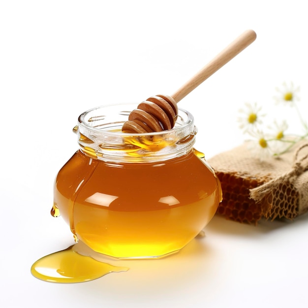 Honey pot and dipper isolated on white background