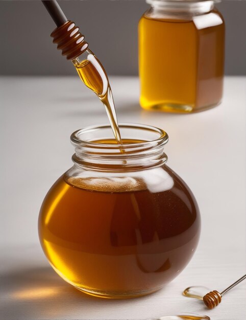 Photo honey pouring in bottle