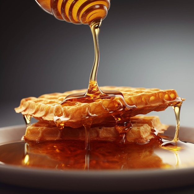 Honey pouring from a wooden honey dipper into a stack of pancakes