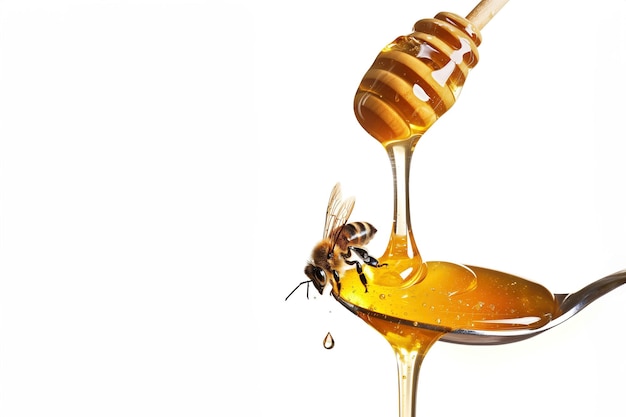 Photo honey pouring on spoon with bee and drip