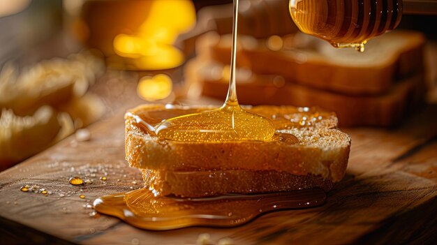 Honey pours into piece of bread morning dinner Banner background design