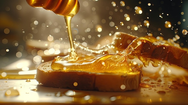 Honey pours into piece of bread morning dinner Banner background design