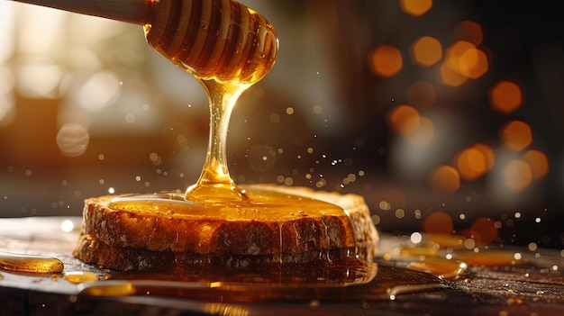 Honey pours into piece of bread morning dinner Banner background design