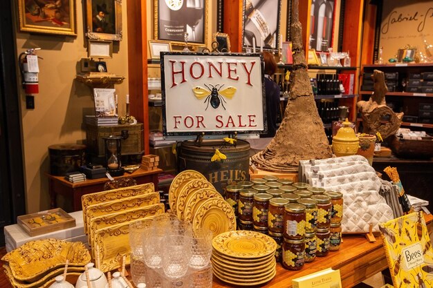 Honey products shop display in Canada