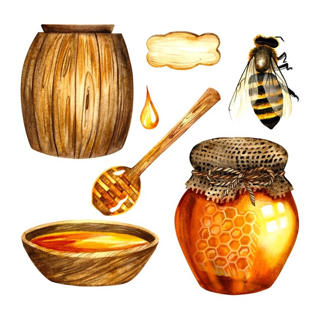 Honey set with a wooden barrel a bee a bowl of honey a glass jar Isolate, watercolor illustration.