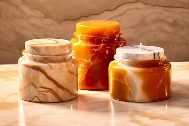 Honey and soap jars sitting on top of marble