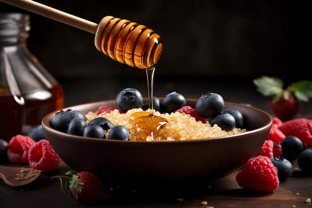 A honey stick drizzling honey on warm quinoa