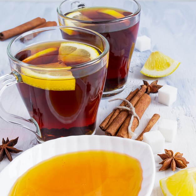 Honey tea with lemon and cinnamon. winter still life