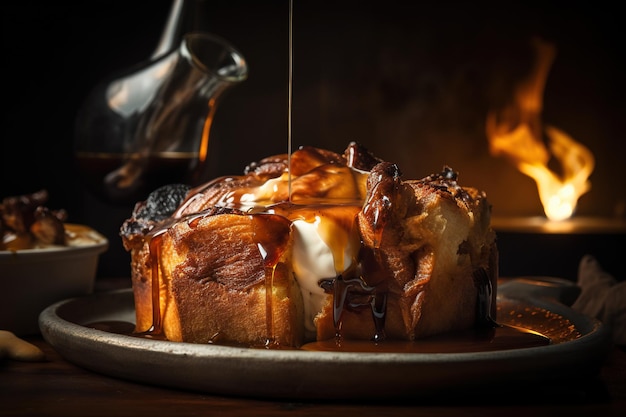 Honey toast with caramel and walnuts on a wooden table