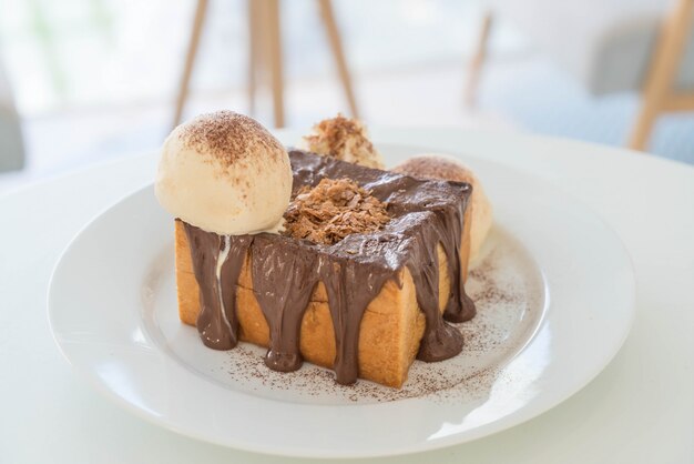 honey toast with vanilla ice-cream and chocolate