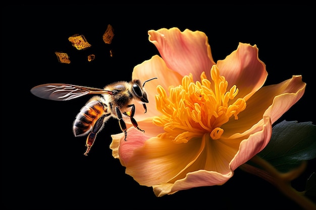 A honeybee in flight approaching a flower