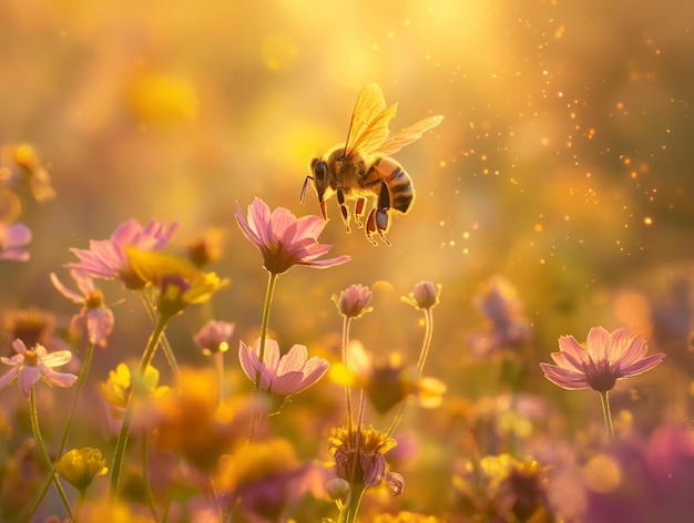 A honeybee hovers over wildflowers in a radiant sunlit field with particles of pollen glistening in