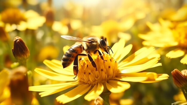 A honeybee is collecting honey from the sunflower