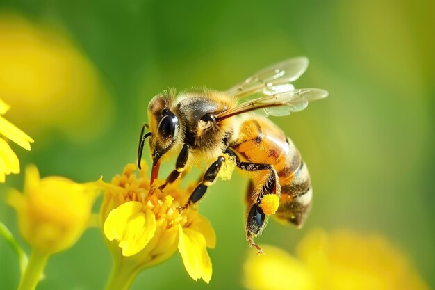 Изблиза видно, как медоносная пчела с высокой точностью и сосредоточенностью собирает нектар из красочного цвета