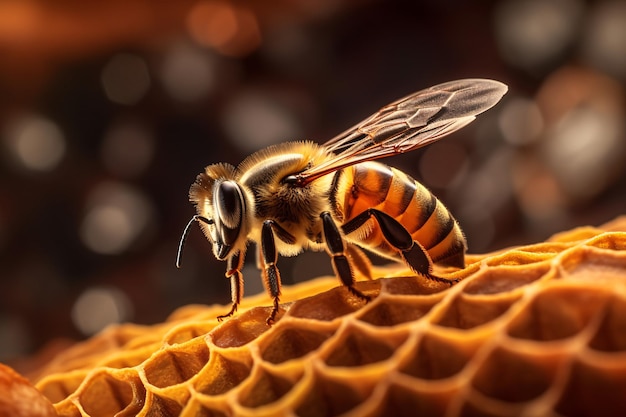 a honeybee macro shot on a honeycomb