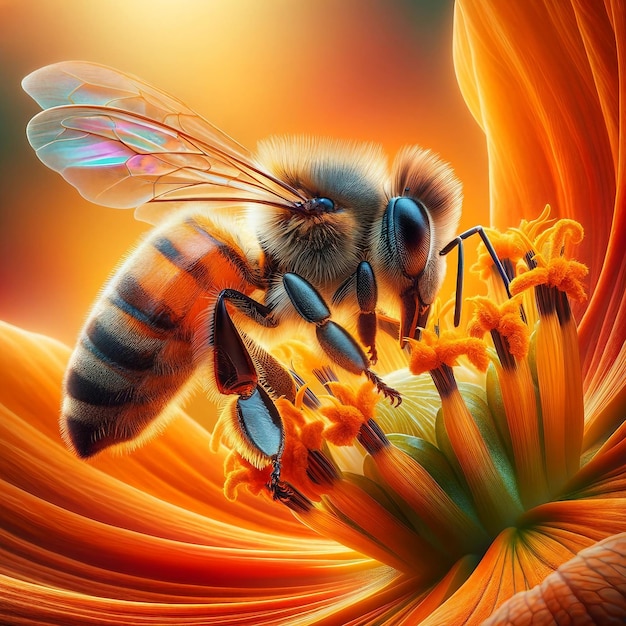 Honeybee Pollinating Vibrant Orange Flower