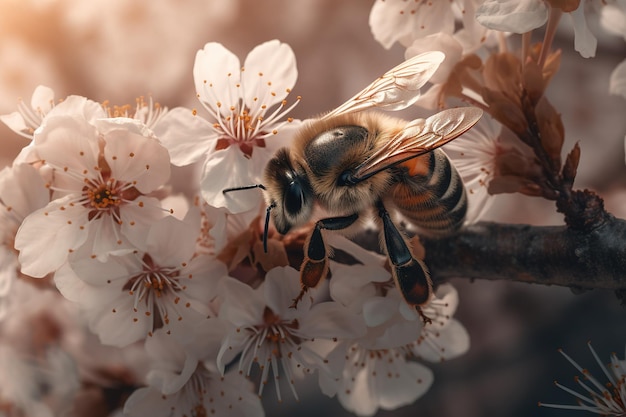 a honeybee resting on a limb of a tree that is now flowering