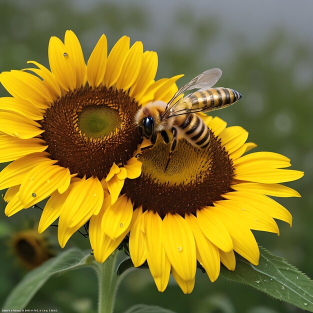 honeybee sitting on sunflower in rain AI