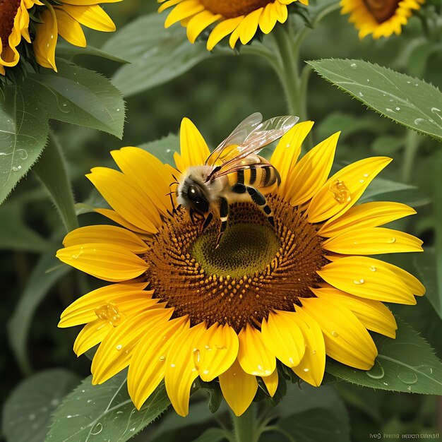 honeybee sitting on sunflower in rain AI