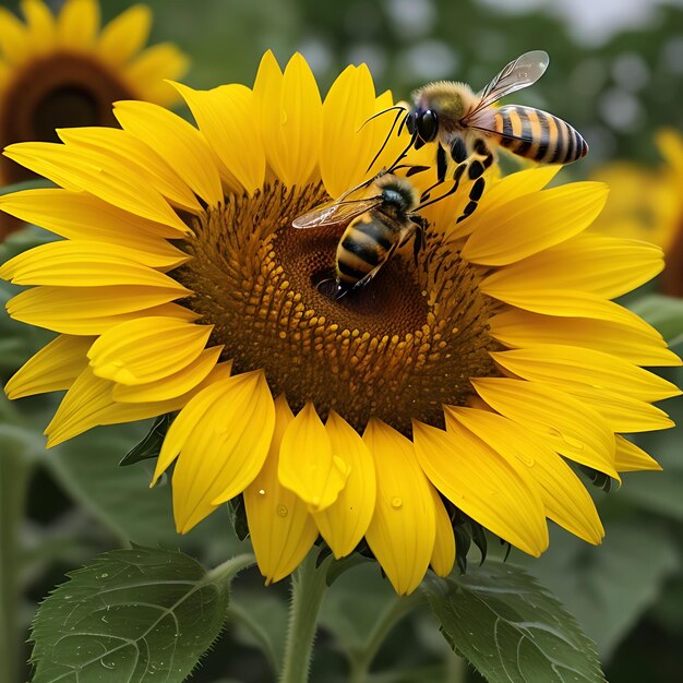 honeybee sitting on sunflower in rain AI