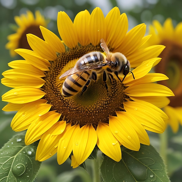 honeybee sitting on sunflower in rain AI