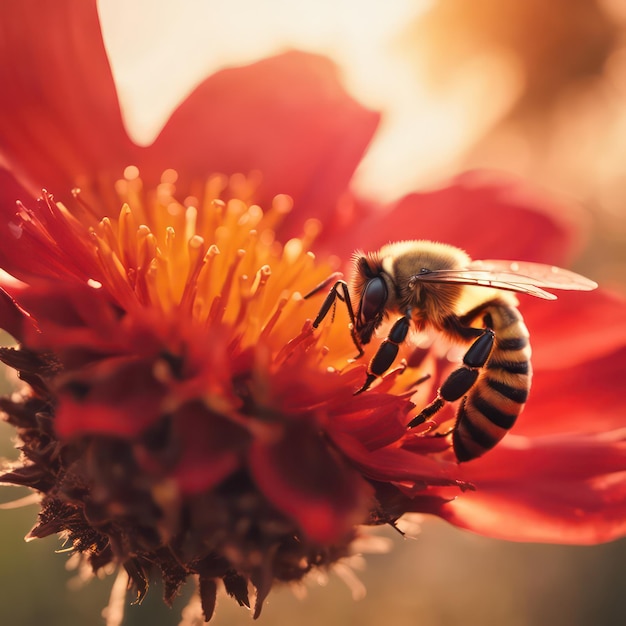 Honeybee on vibrant red flower at sunset Generative AI