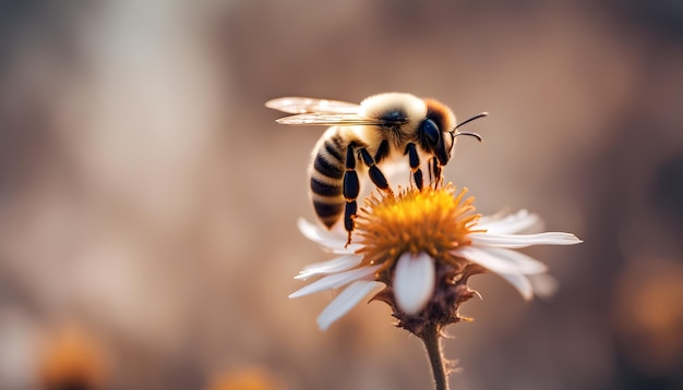 Honeybee on wildflower at sunset
