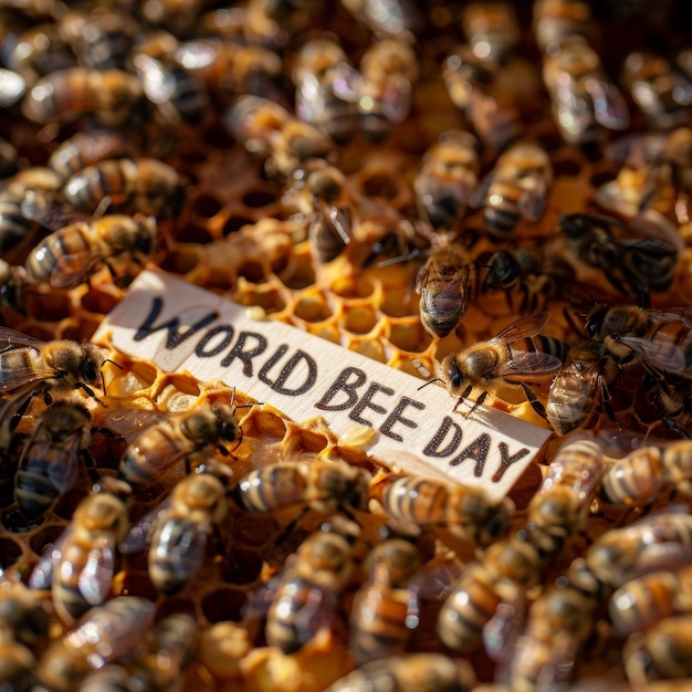 Foto le api ronzano attorno a un favo con il marcatore world bee day che simboleggia il loro ruolo essenziale nel nostro ecosistema