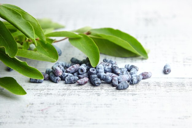 Honeyberry of haskap bessen met verse groene bladeren op grijze houten achtergrond