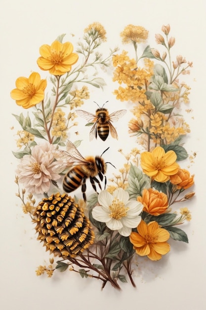 Honeycomb and Bee hive on tree branch with variety of flower in aesthetic watercolor painting 02