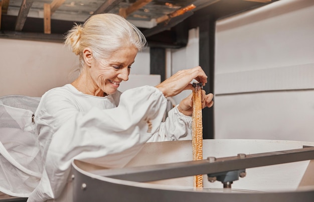 Honeycomb honey and bee farmer production and manufacturing natural product in factory or workshop Woman entrepreneur harvesting and happy smile while working in agriculture industry or process