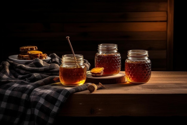 Photo honeycomb and honey with checkered table cloth on wooden desk