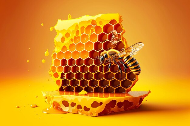 Honeycomb and honey on yellow background