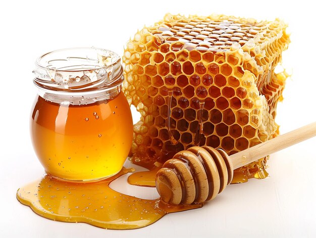 Photo a honeycomb and a jar of honey with honey on it