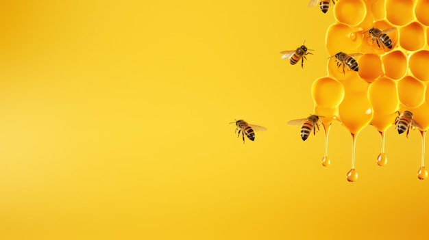 Photo honeycomb with bees and honeycombs on a yellow background generative ai