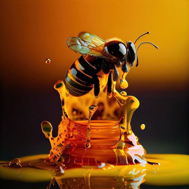 Honeycomb with a drop of honey and a bee